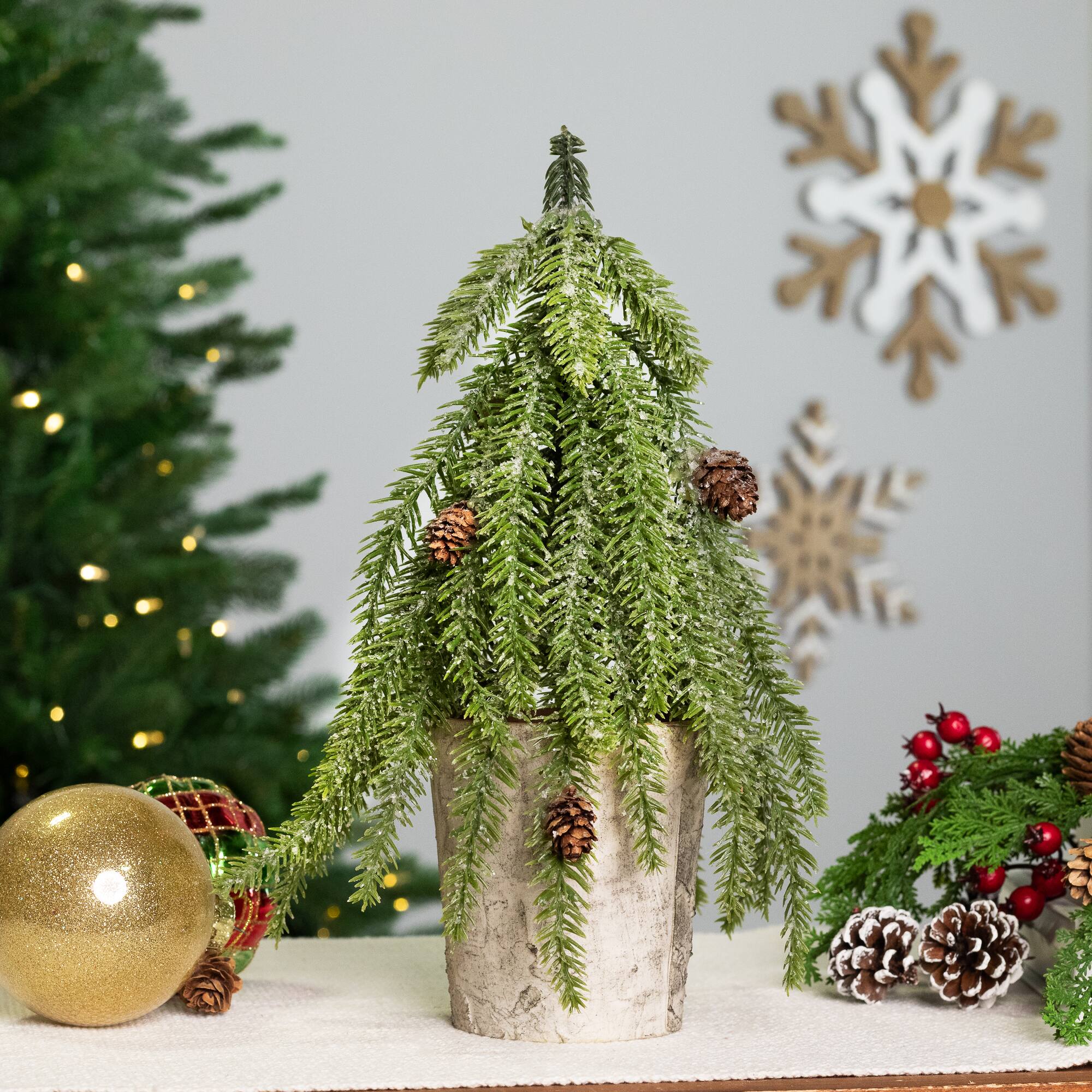 12" Unlit Icy Pine Mini Christmas Tree with Pinecones in Faux Birch Wood Pot